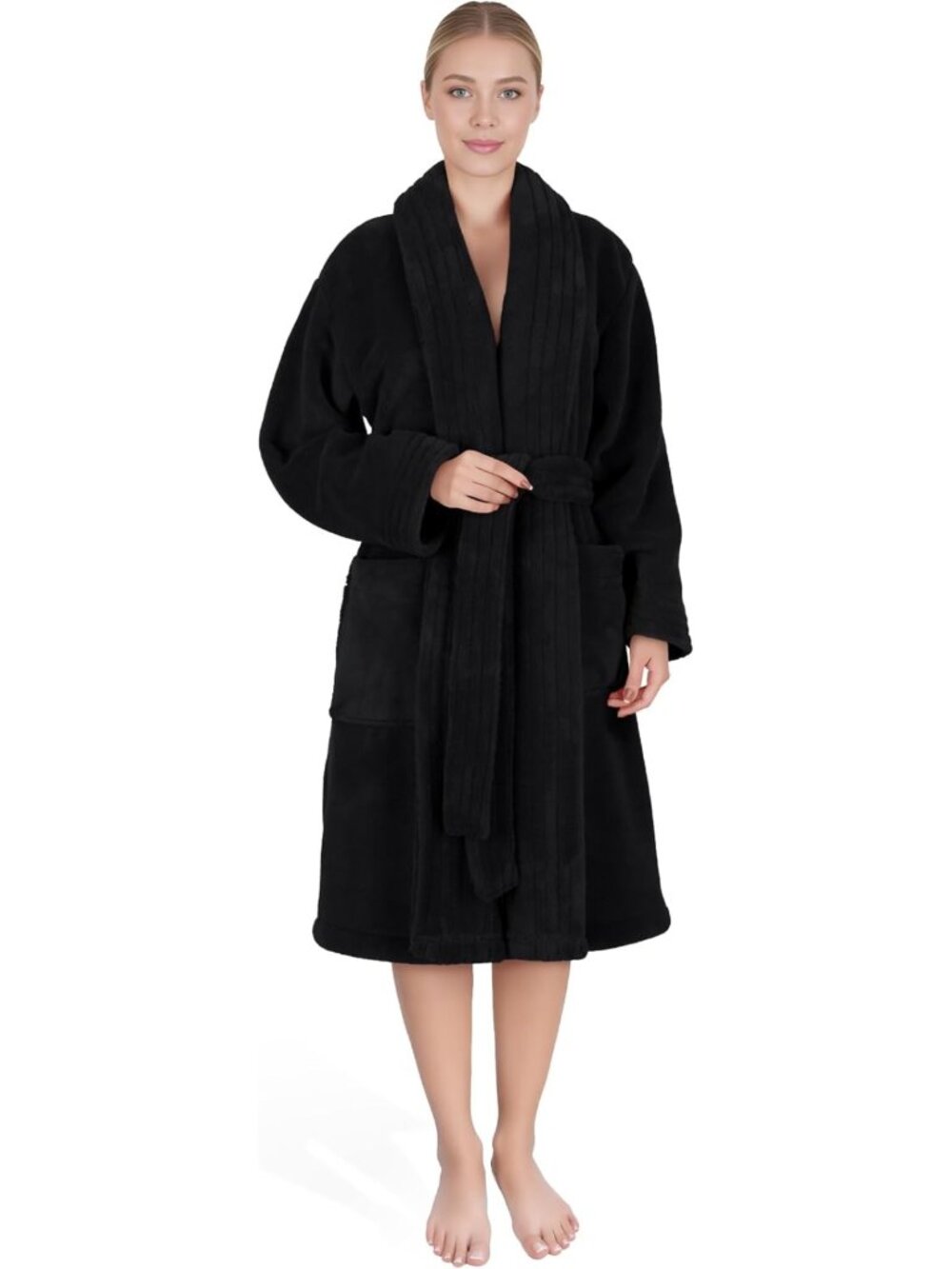 Cozy Plush Fleece Bathrobe for Women - Soft, Warm Turkish Lounge Robe, Black S